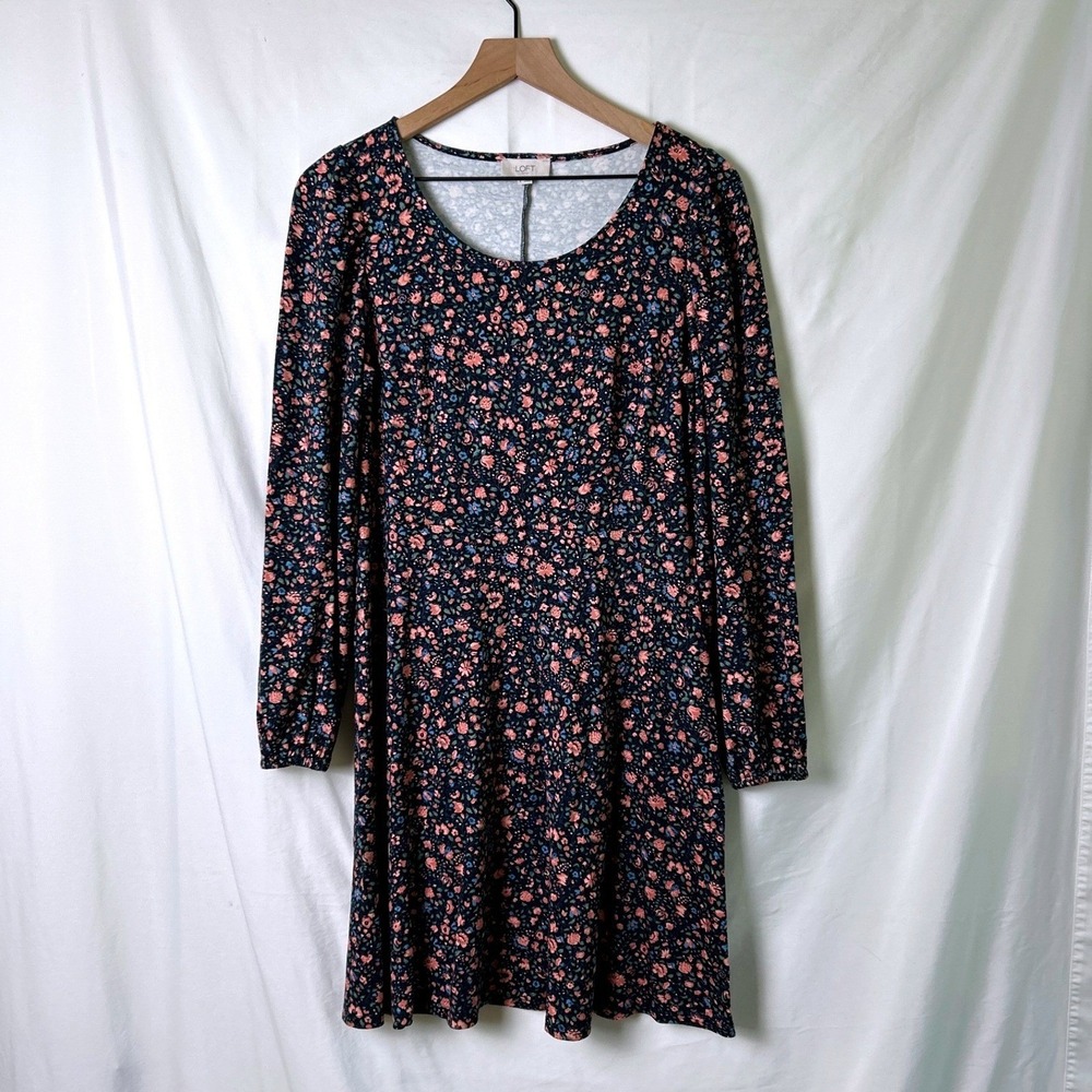 Loft Women Dark Floral Long Sleeve Fit Flare Mini Dress Size S Navy Blue Country